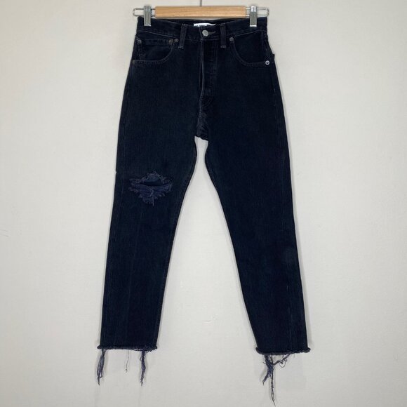 Re/Done Levi's High Rise Ankle Crop Raw Hem Distressed Black - Picture 1 of 15